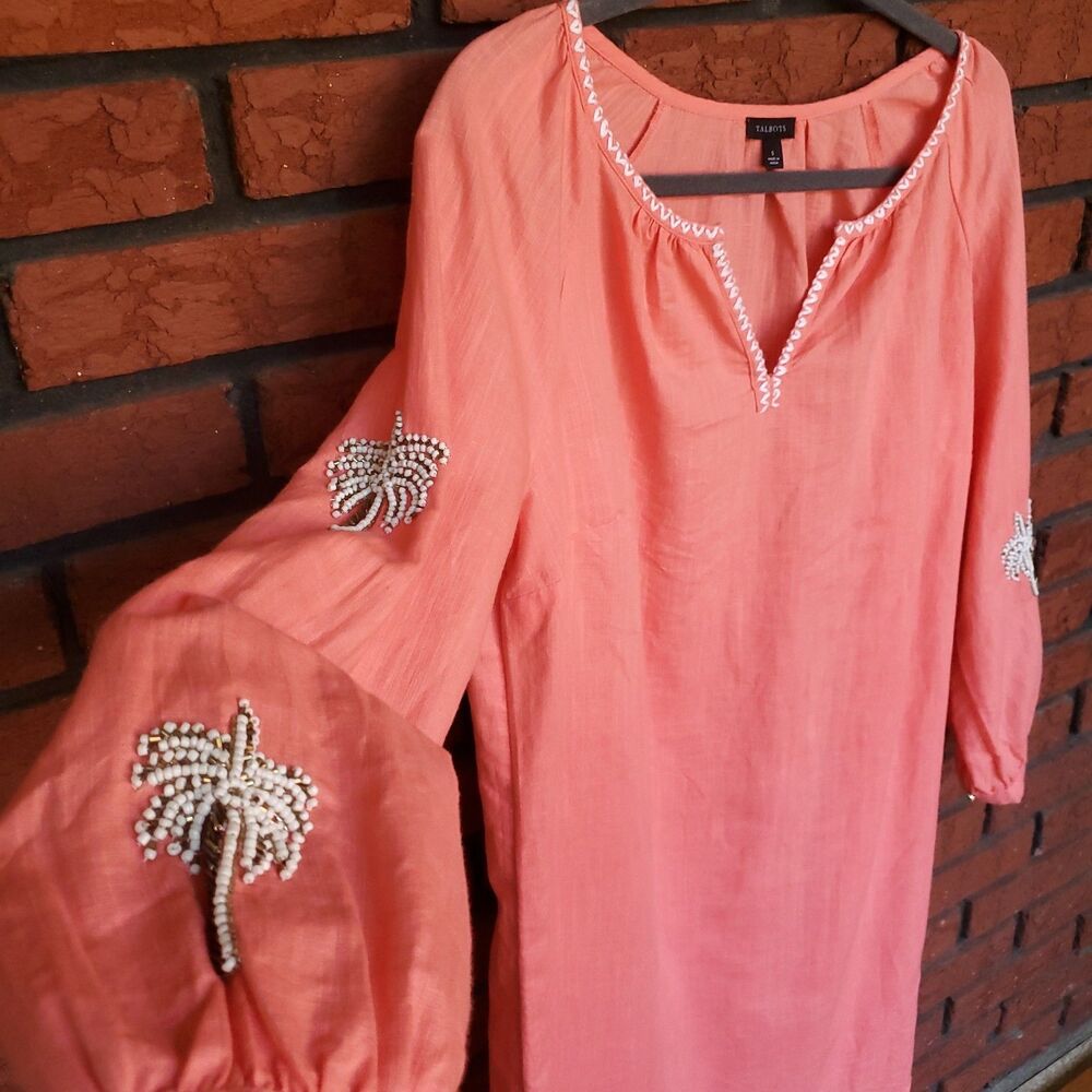 Talbots Coral Linen Blend Shift Dress Sz S Beaded Palm Tree Tunic Coastal Beach